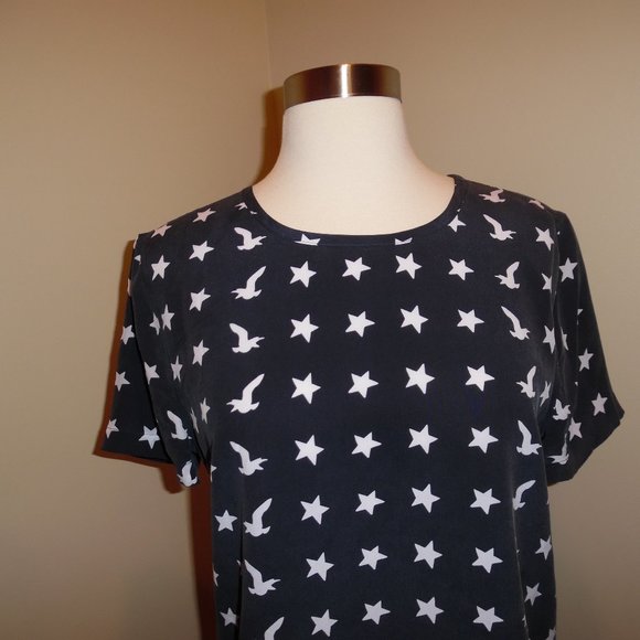 Equipment Blue Stars Birds Eagle Riley Silk T-shirt Tee Blouse XS - Picture 5 of 10